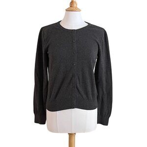 H&M Basic 100% Cotton Dark Charcoal Gray Button Down Crew Neck Cardigan, Size M